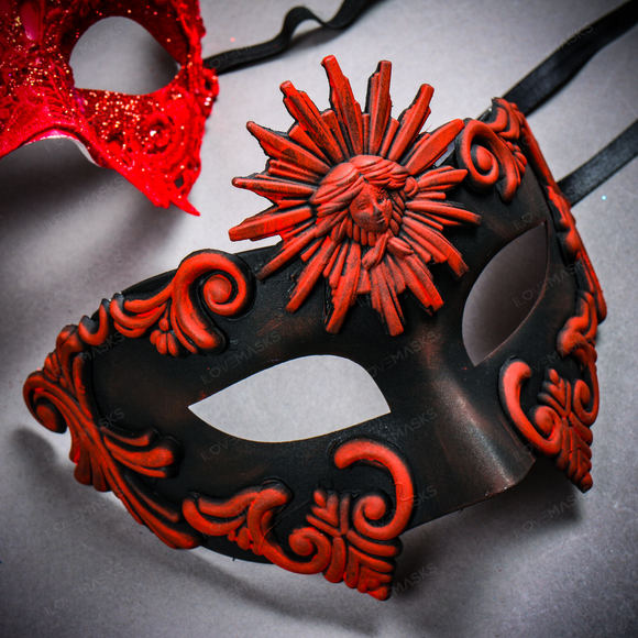 Red Roman Greek Emperor & Side Peacock Feather Lace Couple Masquerade Masks - Picture 3 of 4
